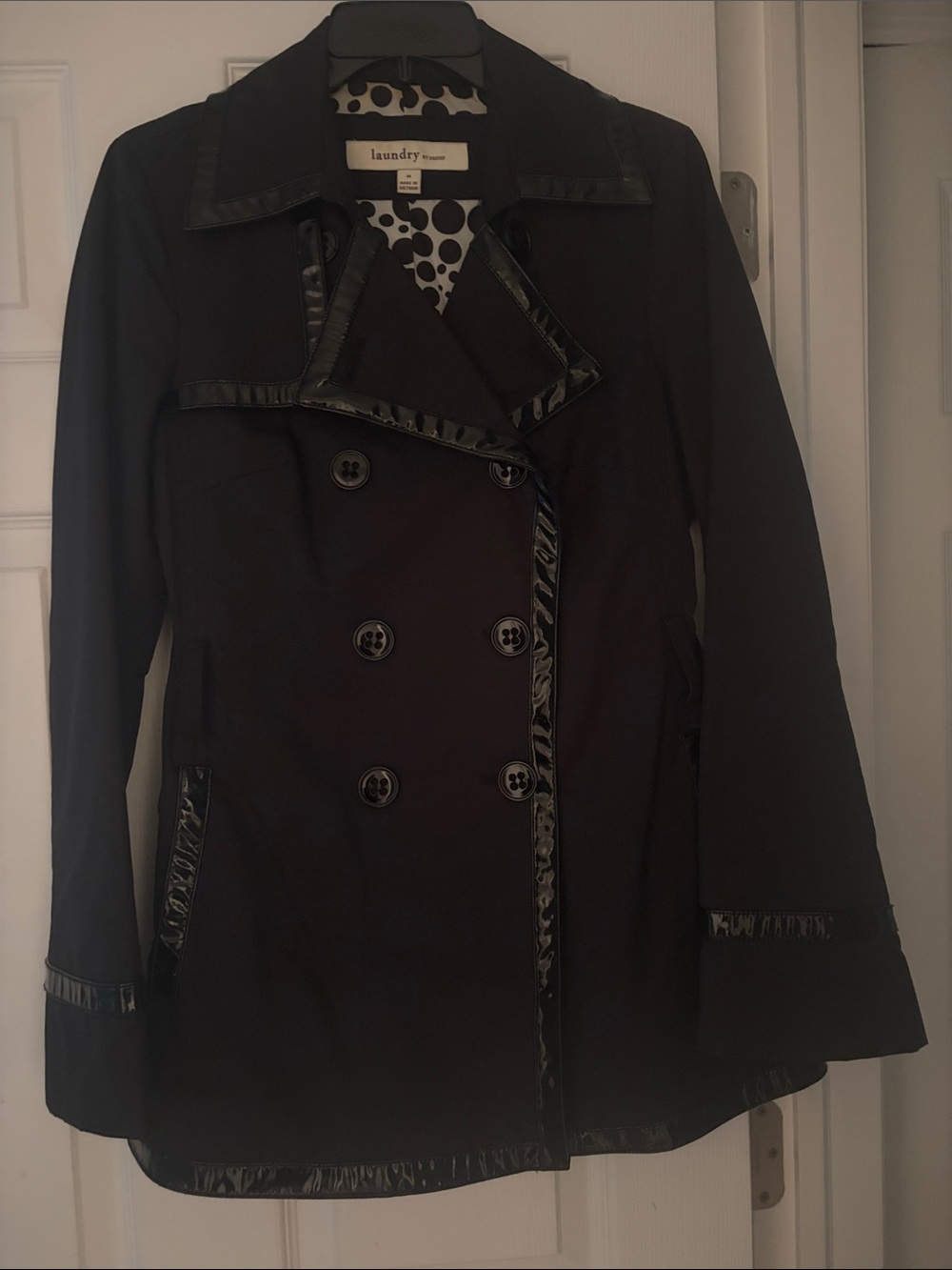 Laundry By Shelli Segal Black Double-Breasted Pea Coat with Gloss Trim